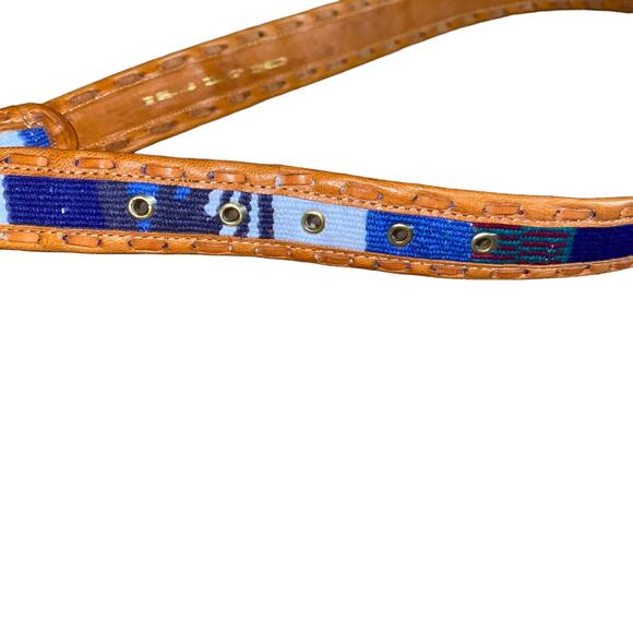 Stitched woven Genuine Leather retro boho indie Print Belt medium brown/blue main image 5
